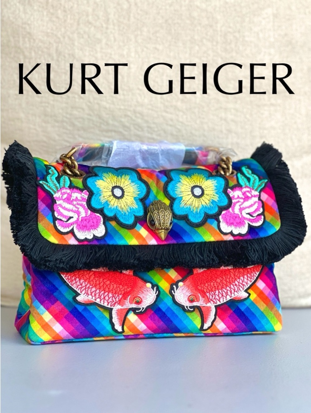 KURT GEIGER Kensington Embroidered Velvet Fringe convertible bag fish floral NWT